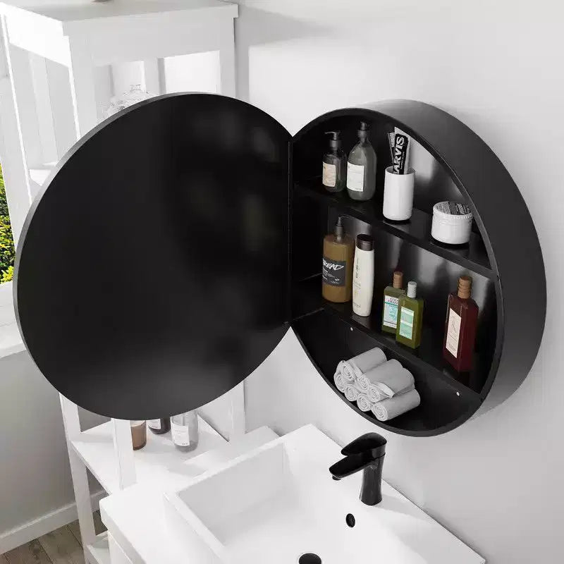 PexFix Armoire de toilette ronde noire 24 pouces avec miroir, montage en surface, cadre métallique, étagères amovibles pour salle de bain