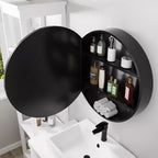 PexFix Armoire de toilette ronde noire 24 pouces avec miroir, montage en surface, cadre métallique, étagères amovibles pour salle de bain