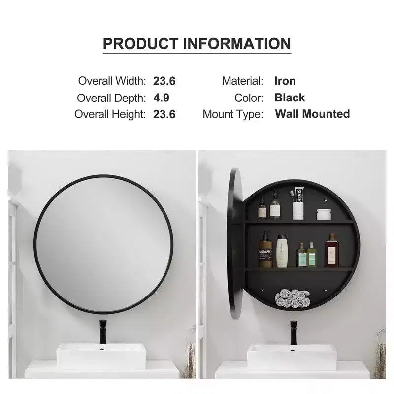 PexFix Armoire de toilette ronde noire 24 pouces avec miroir, montage en surface, cadre métallique, étagères amovibles pour salle de bain