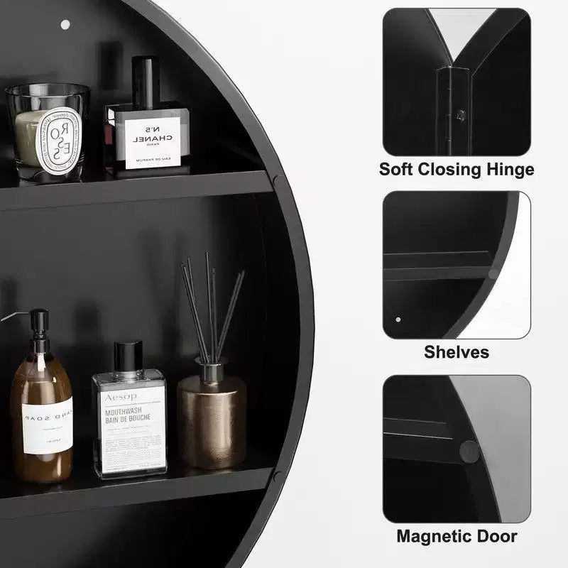 PexFix Armoire de toilette ronde noire 24 pouces avec miroir, montage en surface, cadre métallique, étagères amovibles pour salle de bain
