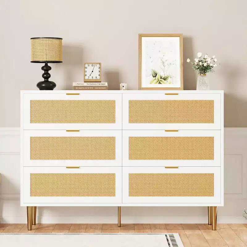Commode 6 tiroirs en rotin - Commode de rangement moderne avec accents dorés pour chambre et salon
