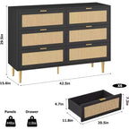 Commode 6 tiroirs en rotin - Commode de rangement moderne avec accents dorés pour chambre et salon
