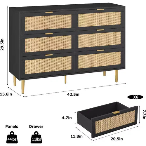 Commode 6 tiroirs en rotin - Commode de rangement moderne avec accents dorés pour chambre et salon