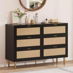 Commode 6 tiroirs en rotin - Commode de rangement moderne avec accents dorés pour chambre et salon