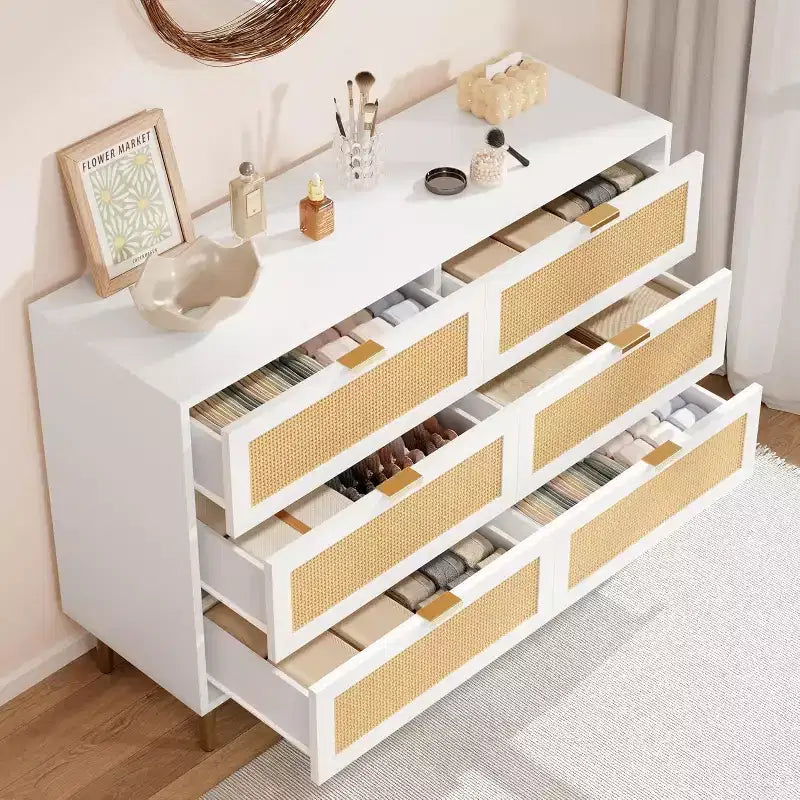 Commode 6 tiroirs en rotin - Commode de rangement moderne avec accents dorés pour chambre et salon