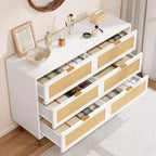 Commode 6 tiroirs en rotin - Commode de rangement moderne avec accents dorés pour chambre et salon