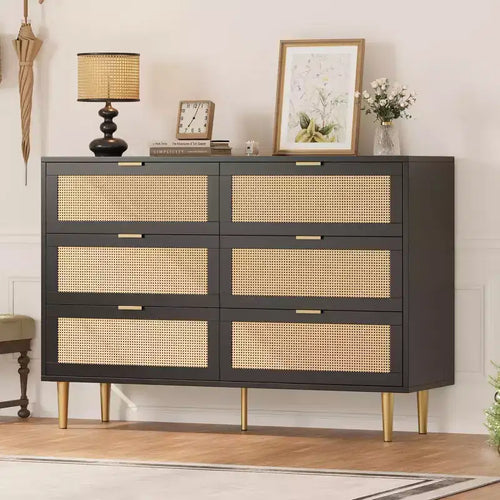 6-Drawer Rattan Dresser - Gold Accent Modern Storage Chest for Bedroom & Living Room
