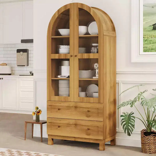 71 Tall Arched Bookshelf, Wooden Bookcase with 2 Drawers, Glass Door and Adjustable Shelf, Modern Display Cabinet for Living Room, Bedroom,office