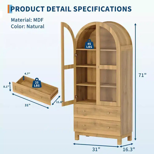 Grande bibliothèque cintrée de 180 cm de haut, étagère en bois avec 2 tiroirs, porte vitrée et étagère réglable, vitrine de style moderne pour salon, chambre, bureau