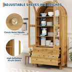 Grande bibliothèque cintrée de 180 cm de haut, étagère en bois avec 2 tiroirs, porte vitrée et étagère réglable, vitrine de style moderne pour salon, chambre, bureau
