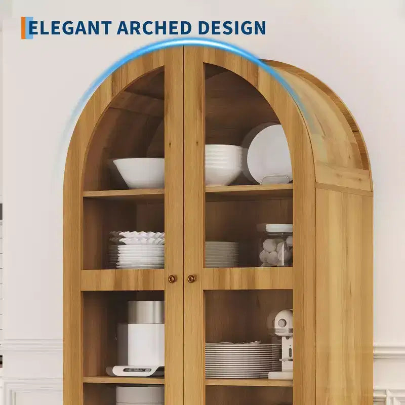 Grande bibliothèque cintrée de 180 cm de haut, étagère en bois avec 2 tiroirs, porte vitrée et étagère réglable, vitrine de style moderne pour salon, chambre, bureau
