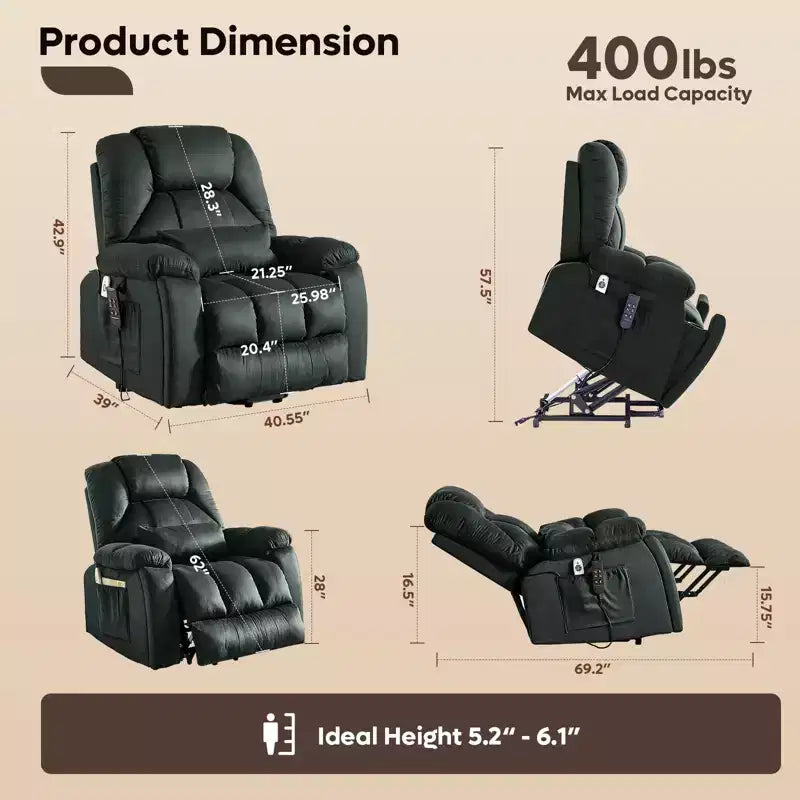Fauteuil inclinable motorisé Bestier 40.1 W en microsuède surdimensionné avec double moteur, massage et chauffage