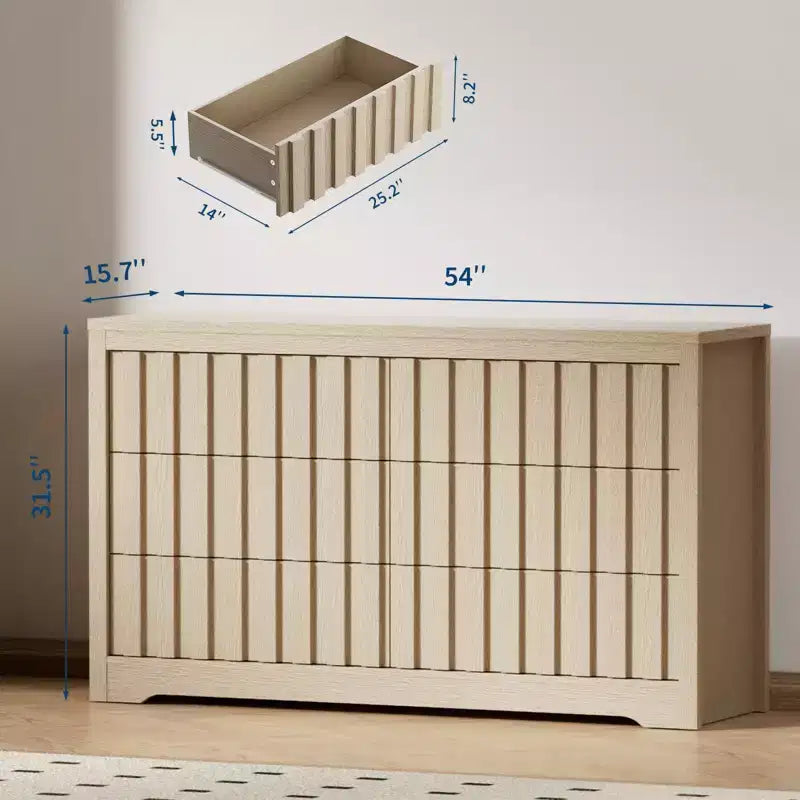 COZONY Commode Moderne Flutée à 6 Tiroirs Meuble TV en Bois sans Poignées et Organisateur de Rangement Profond pour Chambre, Salon et Couloir, Chêne Naturel