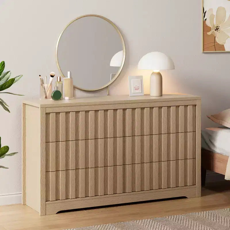 COZONY Commode Moderne Flutée à 6 Tiroirs Meuble TV en Bois sans Poignées et Organisateur de Rangement Profond pour Chambre, Salon et Couloir, Chêne Naturel