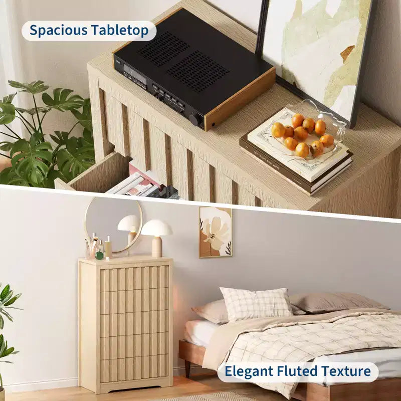 Commode moderne COZONY en bois à 5 tiroirs cannelés et sans poignées, avec rangement profond pour chambre, salon et couloir, Chêne Naturel