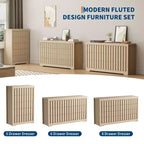 Commode moderne COZONY en bois à 5 tiroirs cannelés et sans poignées, avec rangement profond pour chambre, salon et couloir, Chêne Naturel
