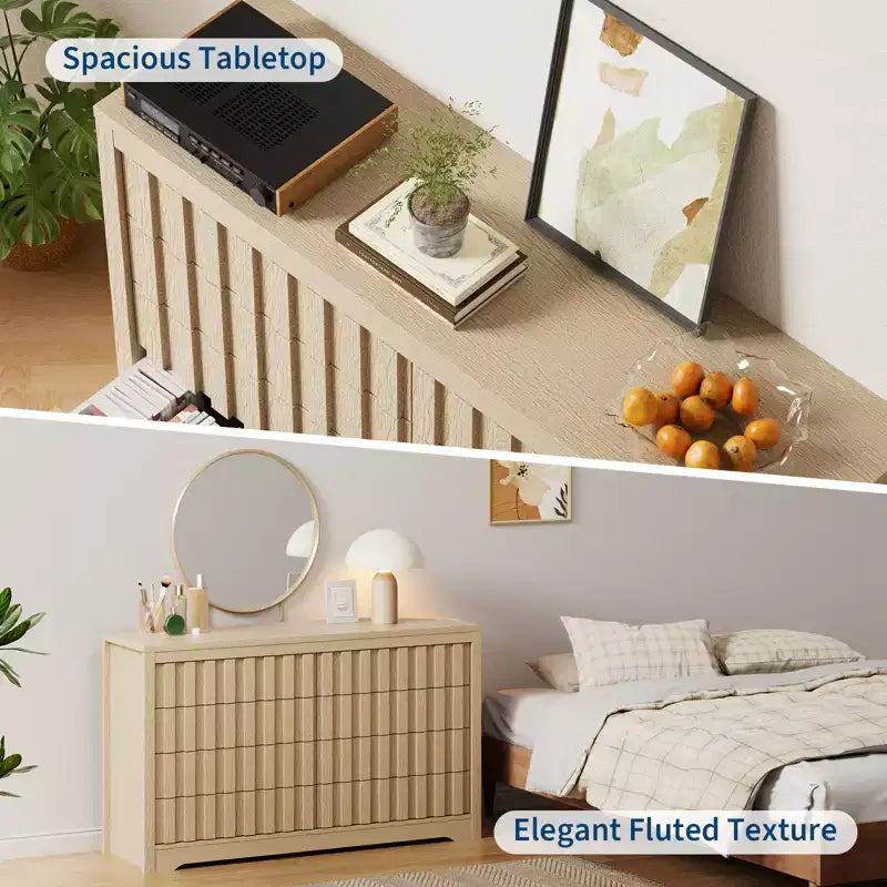 COZONY Commode Moderne en Bois à 8 Tiroirs Cannelés, sans Poignée, avec Rangement Profond pour Chambre, Salon et Couloir, Chêne Naturel