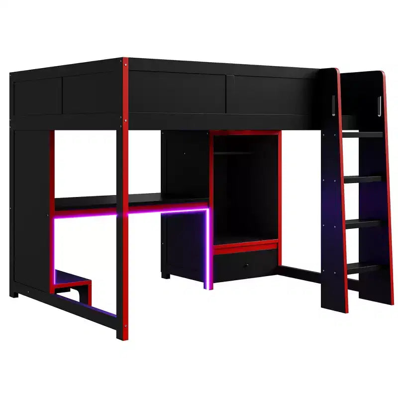 Lit mezzanine moderne en bois GDFStudio Opal avec bureau intégré, armoire, LED et 1 tiroir