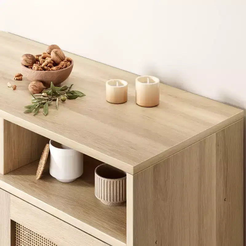 Meuble d'appoint moderne en rotin de 91 cm - Buffet de rangement à 2 portes avec étagère, meuble TV bohème et bar à café pour salle à manger, cuisine et entrée