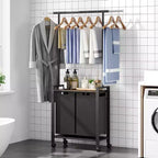 Section de tri de linge avec barre de suspension extensible, panier à linge robuste avec roulettes verrouillables et étagère, organisation de la buanderie