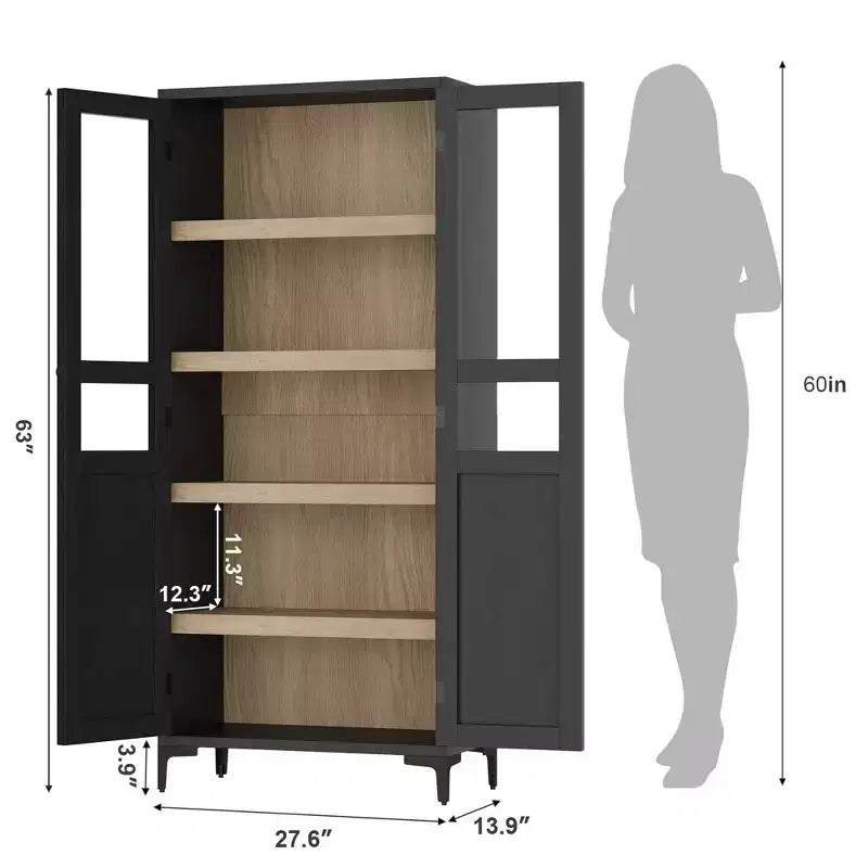 GustoWave Armoire de rangement haute de 160 cm avec portes en verre, meuble de cuisine à 5 niveaux, étagères réglables pour cuisine, salle à manger, salle de bain