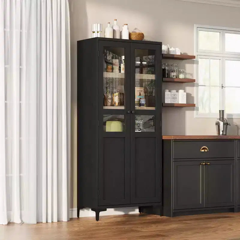 GustoWave Armoire de rangement haute de 160 cm avec portes en verre, meuble de cuisine à 5 niveaux, étagères réglables pour cuisine, salle à manger, salle de bain