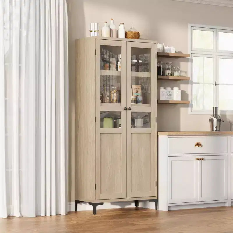 GustoWave Armoire de rangement haute de 160 cm avec portes en verre, meuble de cuisine à 5 niveaux, étagères réglables pour cuisine, salle à manger, salle de bain