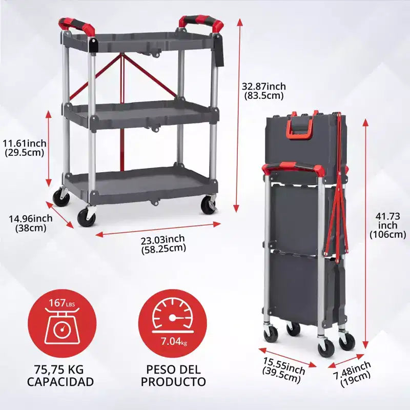 Chariot utilitaire pliable à roulettes, desserte à 3 niveaux avec roues verrouillables et capacité de 76 kg, chariot pliable pour maison, bureau, garage, entrepôt