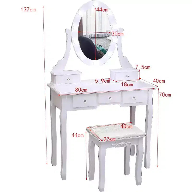 Coiffeuse moderne avec miroir LED, 5 tiroirs de rangement, tabouret moelleux, conception convertible, assemblage rapide