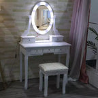 Coiffeuse moderne avec miroir LED, 5 tiroirs de rangement, tabouret moelleux, conception convertible, assemblage rapide