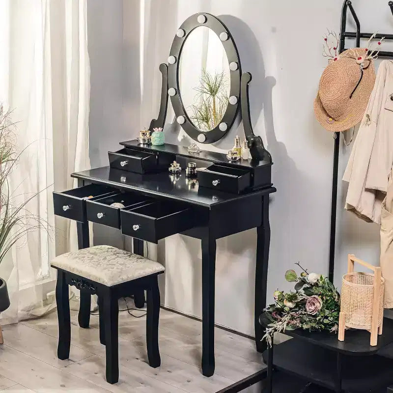 Coiffeuse moderne avec miroir LED, 5 tiroirs de rangement, tabouret moelleux, conception convertible, assemblage rapide