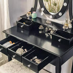 Coiffeuse moderne avec miroir LED, 5 tiroirs de rangement, tabouret moelleux, conception convertible, assemblage rapide