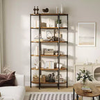 Industrial 6-Tier Oval Bookshelf, Rustic Brown Wooden & Metal Frame Tall Bookcase, Open Display Shelf Racks, Standing Bookcase