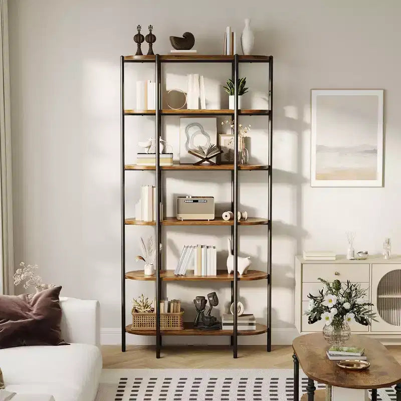 Industrial 6-Tier Oval Bookshelf, Rustic Brown Wooden & Metal Frame Tall Bookcase, Open Display Shelf Racks, Standing Bookcase