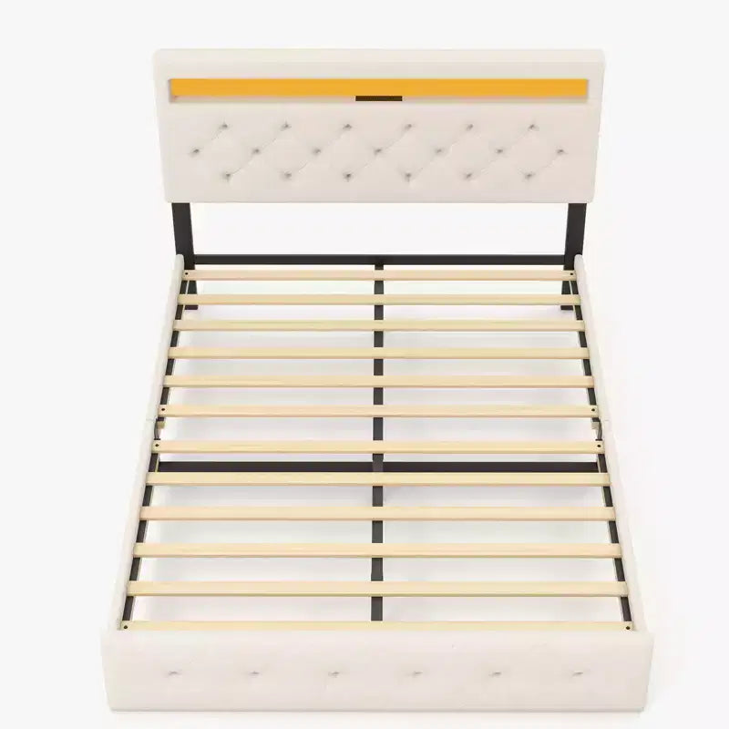 Platform Bed Frame, Modern Upholstered Bed Frame with Adjustable Headboard, Built-In Charging Station, Diamond Stitched Button Tufted
