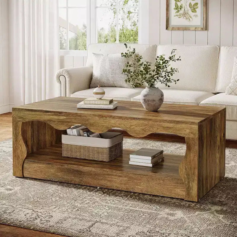Lantine - Table basse en bois de 47,24 pouces, table d'appoint rectangulaire à 2 niveaux avec étagère de rangement ouverte pour salon