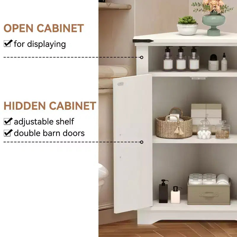 Meuble d'angle de salle de bain GustoWave, petit meuble d'angle avec portes coulissantes et étagère réglable, table de salle de bain de style ferme avec rangement pour petits espaces