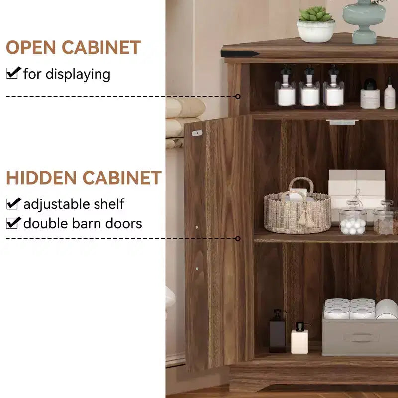 Meuble d'angle de salle de bain GustoWave, petit meuble d'angle avec portes coulissantes et étagère réglable, table de salle de bain de style ferme avec rangement pour petits espaces