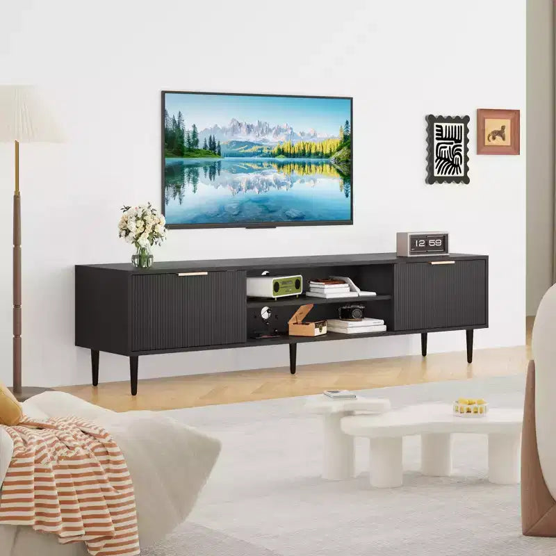 Meuble TV noir, Meuble de divertissement moderne du milieu du siècle avec 2 grands placards de rangement, Table console multimédia, Charnière souple, Porte à poignée métallique