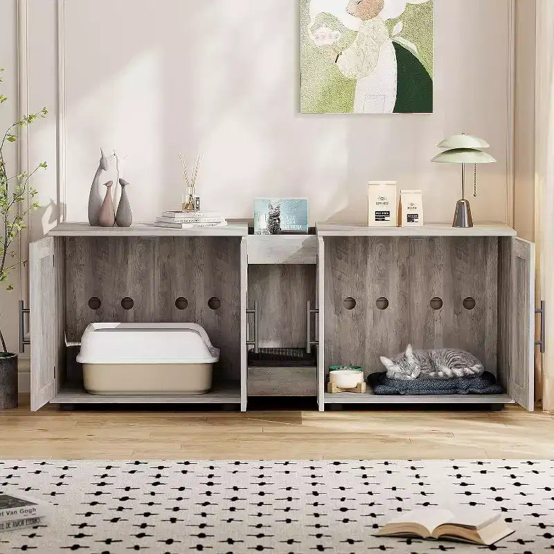 Meuble Cache Litière Acekool pour Chat, Grande Maison de Toilette Dissimulée avec Griffoir et Plateau de Rangement, 140 cm