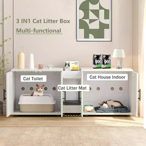 Meuble Cache Litière Acekool pour Chat, Grande Maison de Toilette Dissimulée avec Griffoir et Plateau de Rangement, 140 cm