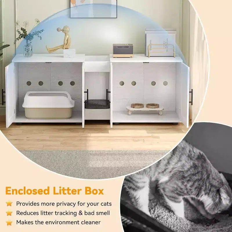 Meuble Cache Litière Acekool pour Chat, Grande Maison de Toilette Dissimulée avec Griffoir et Plateau de Rangement, 140 cm