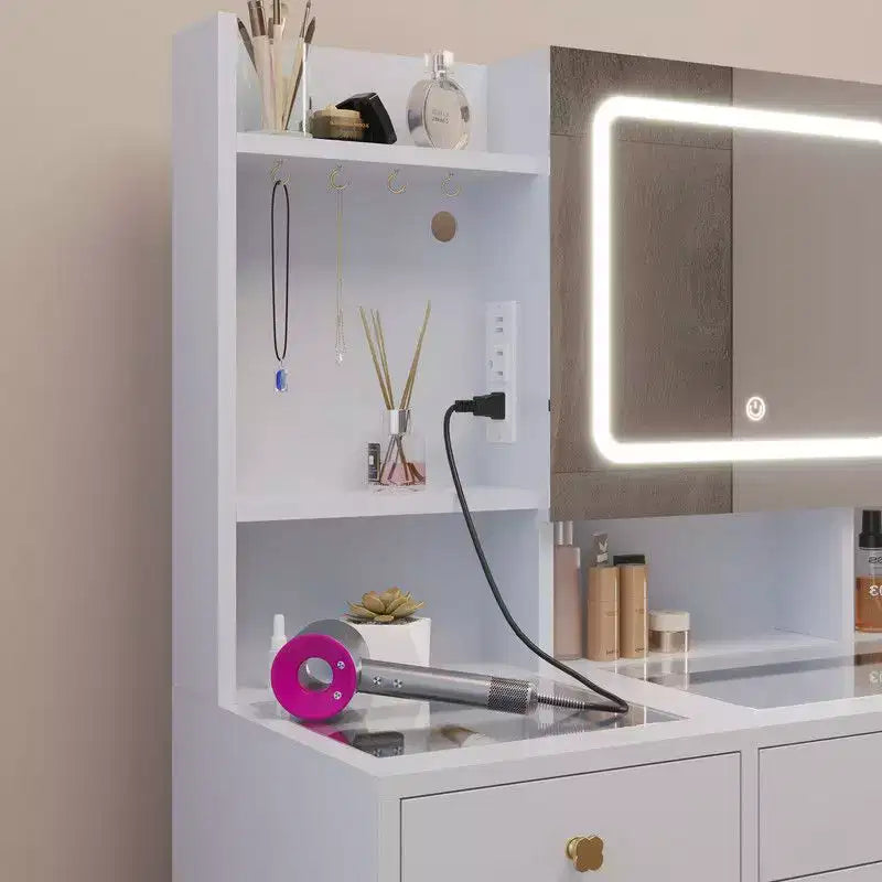 Ensemble de coiffeuse en panneaux de particules de lin blanc avec plateau en verre trempé Triamine