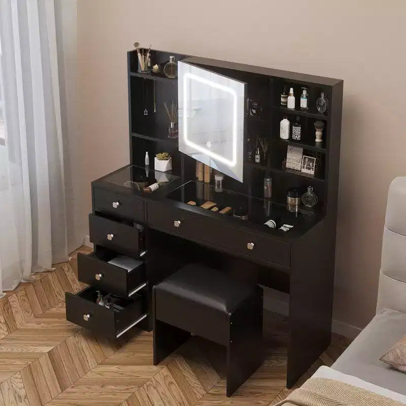 Ensemble de coiffeuse en panneaux de particules de lin blanc avec plateau en verre trempé Triamine