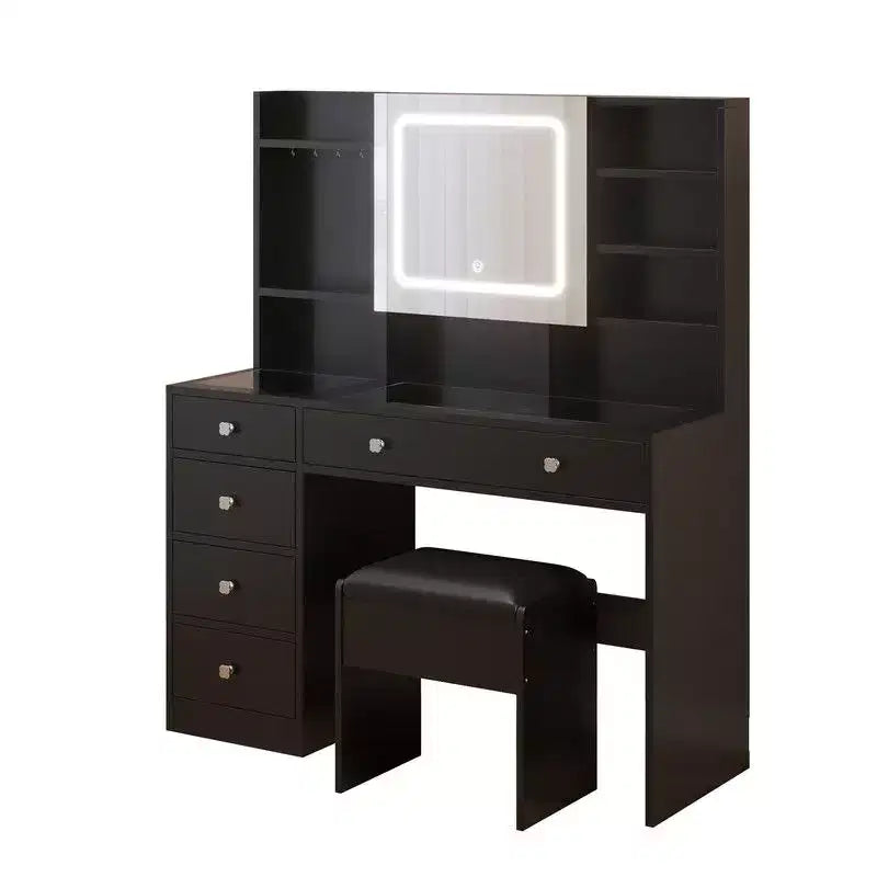 Ensemble de coiffeuse en panneaux de particules de lin blanc avec plateau en verre trempé Triamine