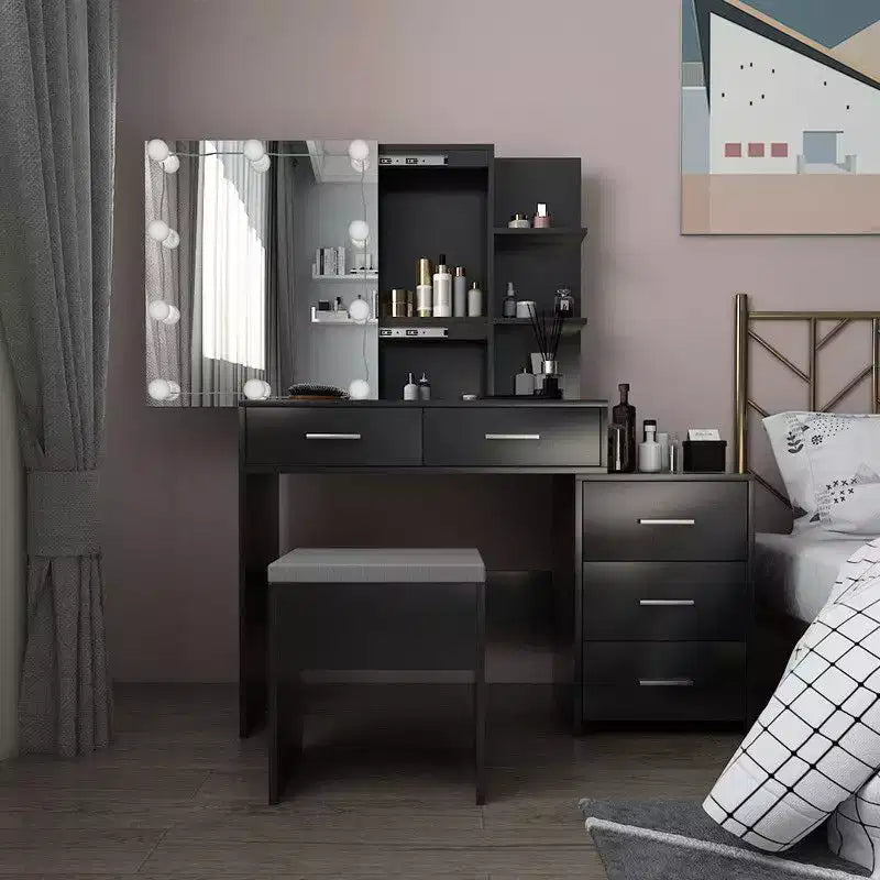 Table de toilette avec miroir et ampoules LED à trois couleurs dimmables, armoire de rangement coulissante, 5 tiroirs et 2 étagères, en panneaux de particules de lin noir avec triclosan