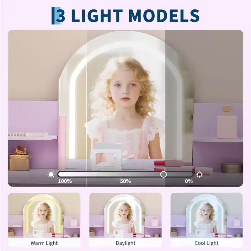 Coiffeuse GustoWave pour enfants avec miroir et tabouret, bibliothèque, tiroir de rangement et étagères pour filles de 3 à 9 ans, violet