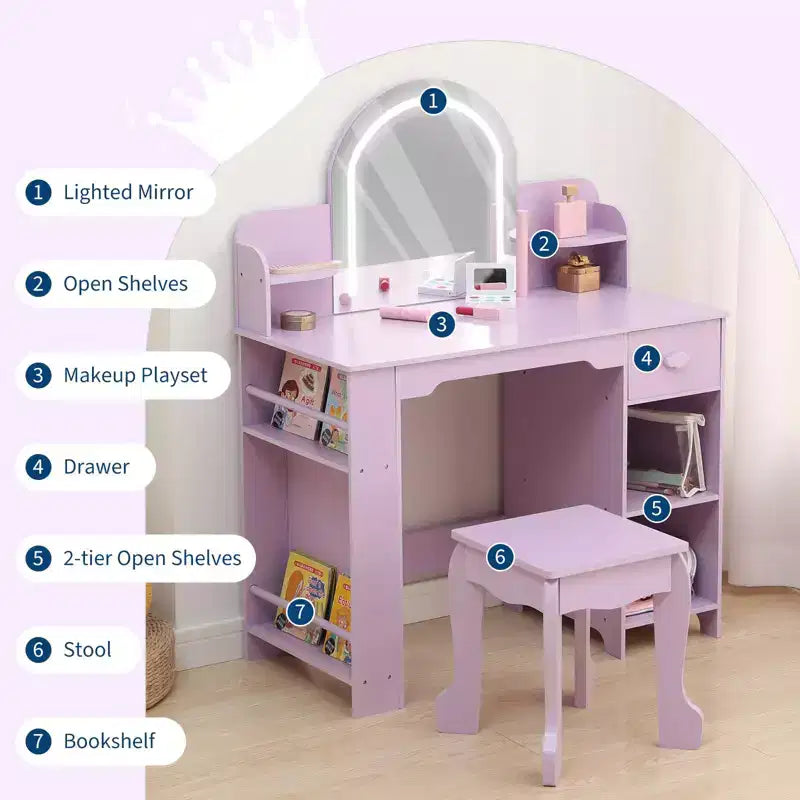 Coiffeuse GustoWave pour enfants avec miroir et tabouret, bibliothèque, tiroir de rangement et étagères pour filles de 3 à 9 ans, violet