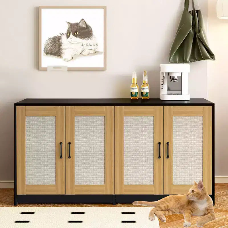 Meuble double cache-litière pour 2 chats | Grand meuble caché de 120 cm avec portes en sisal, meuble TV/table d'appoint multi-fonctionnel pour chats