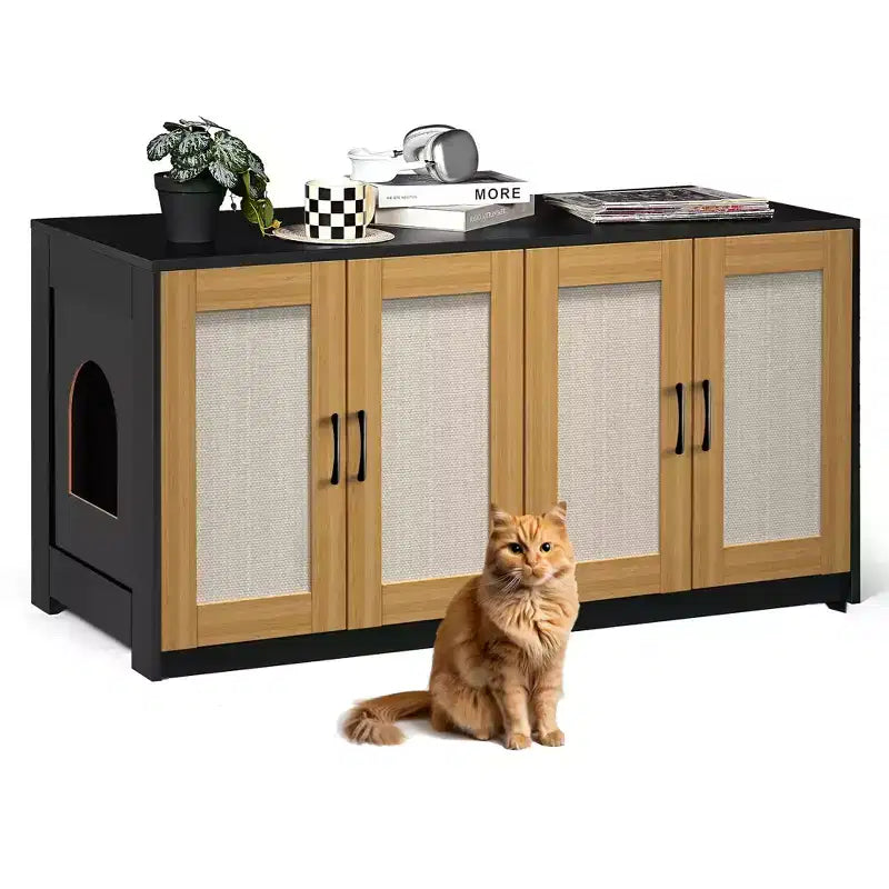 Meuble double cache-litière pour 2 chats | Grand meuble caché de 120 cm avec portes en sisal, meuble TV/table d'appoint multi-fonctionnel pour chats
